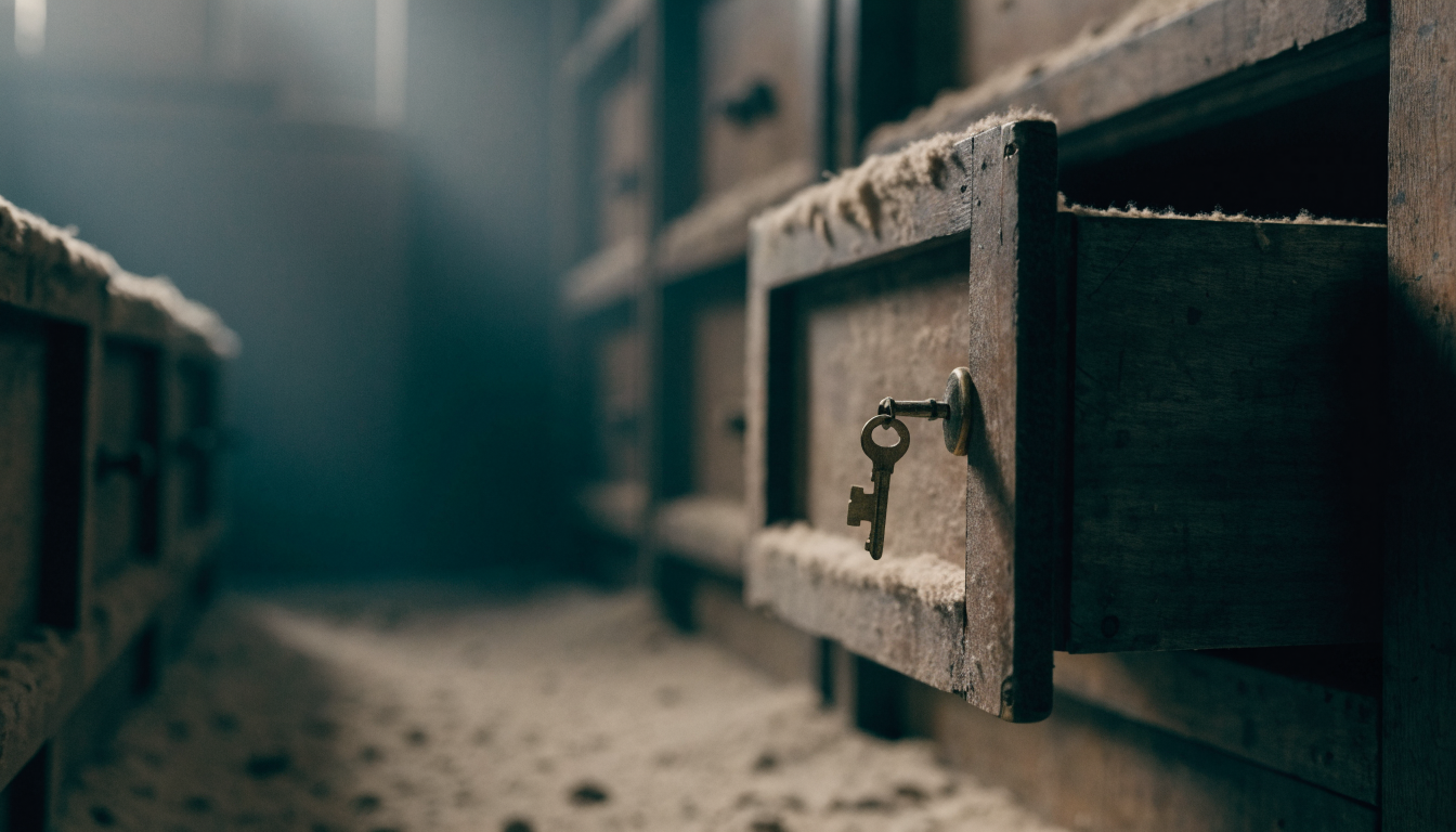 A dusty, long-untouched locked drawer with a brass key, symbolizing a security setup left unchecked for years.