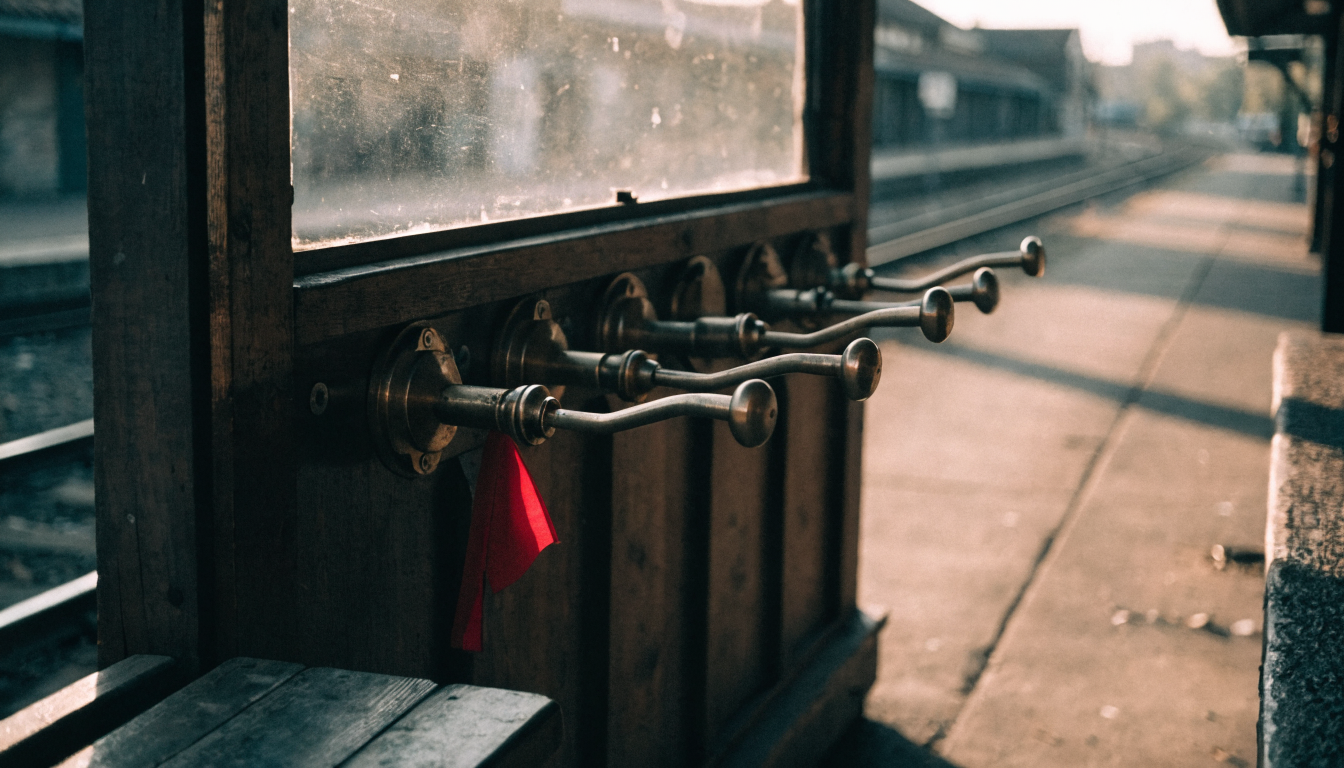 Brass signal levers in an old switch box, one flagged mid-change, evoking careful control of live infrastructure