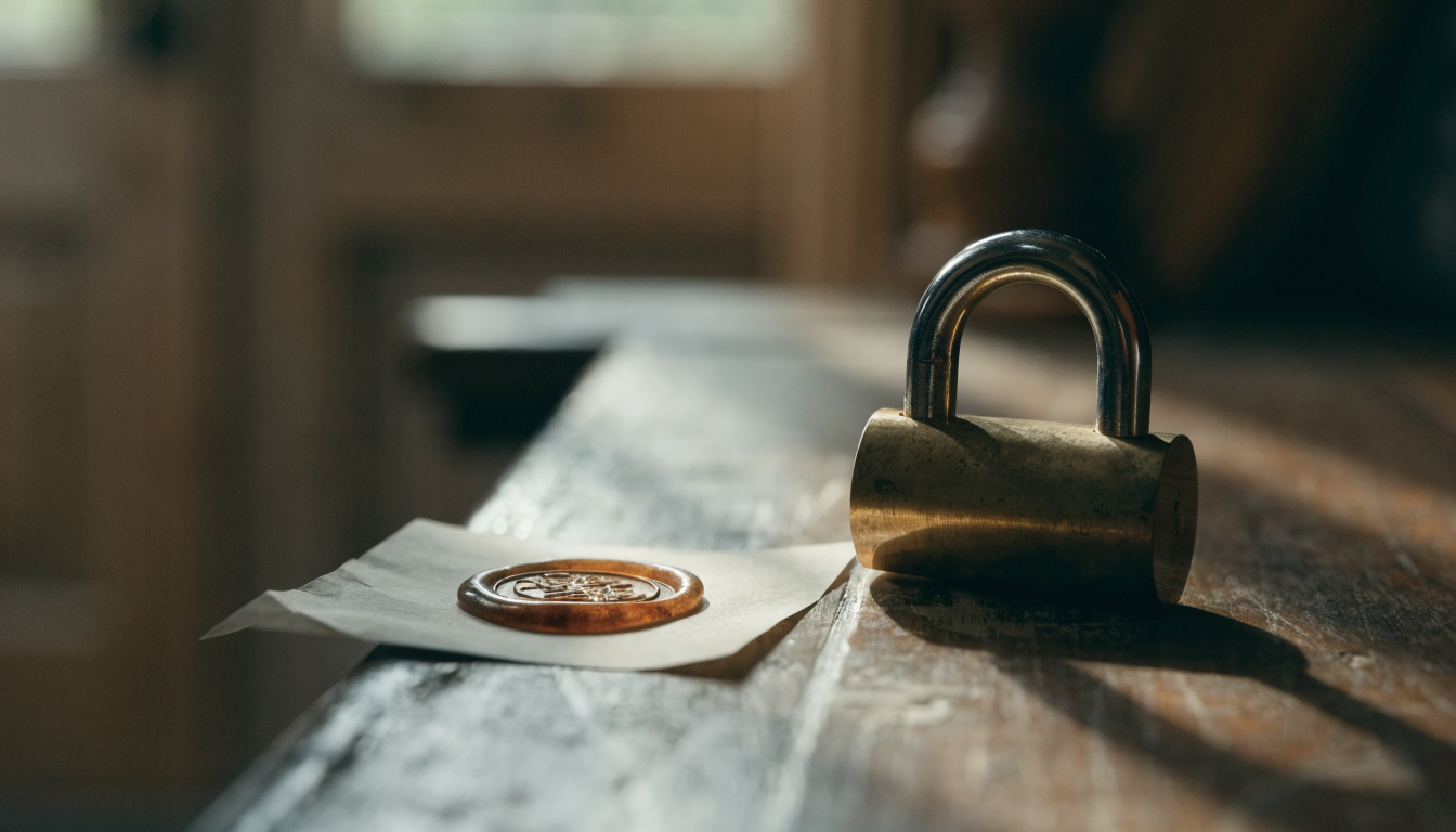 A closed brass padlock beside a wax seal pressed into paper, symbolizing verified trust before a logo displays.
