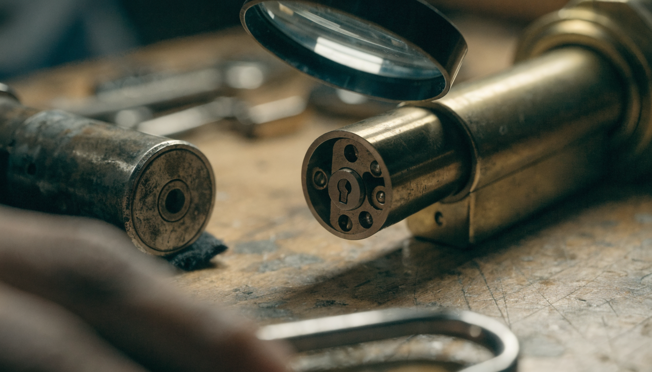 Old lock beside a new brass lock on a workbench, with a magnifying glass over the open mechanism
