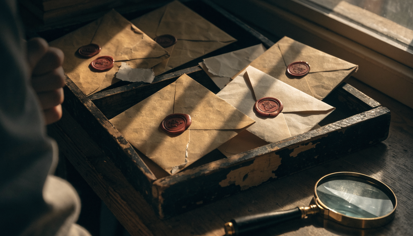 Envelopes with wax seals being inspected with a magnifying glass before sorting into a mail slot