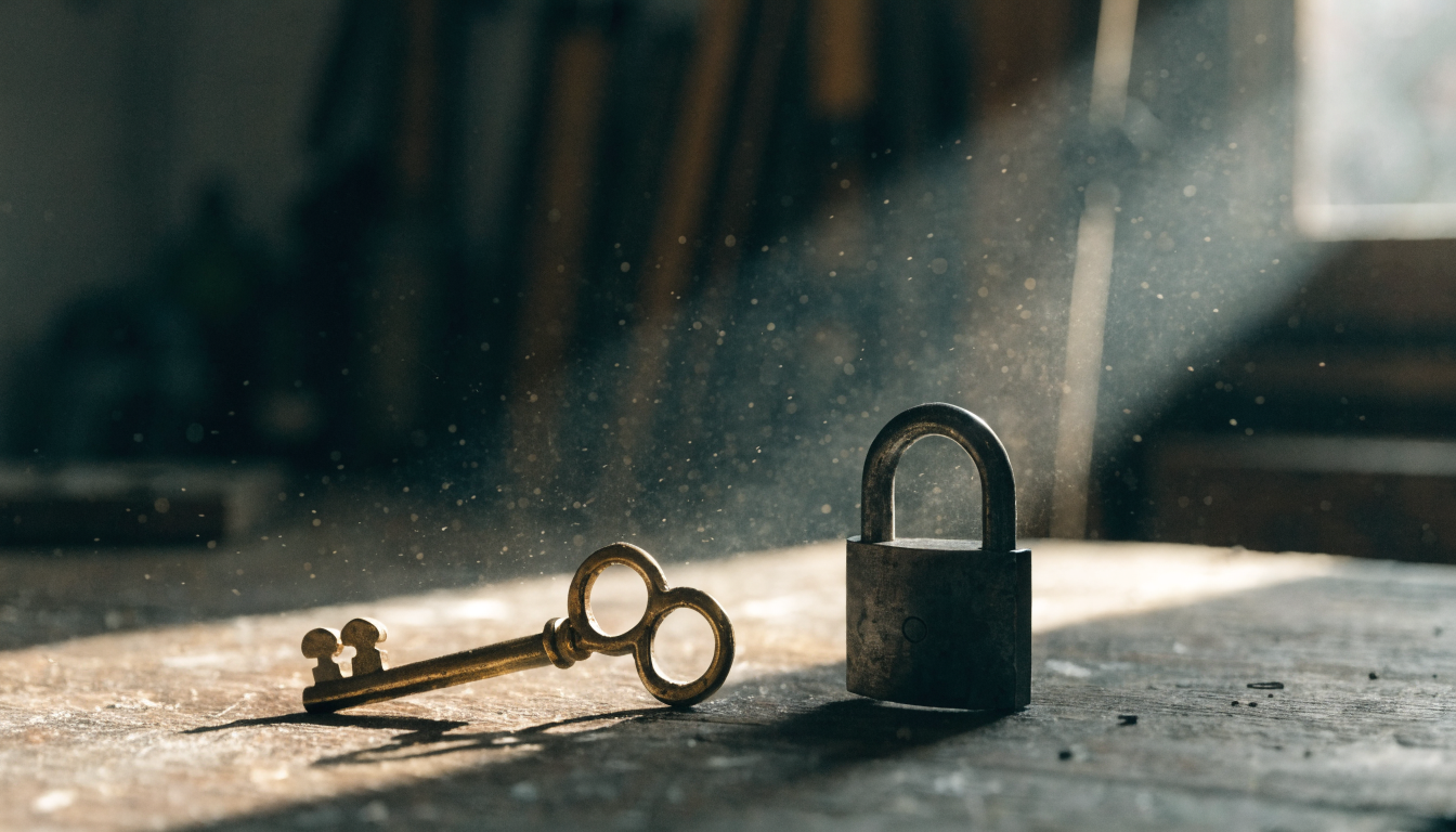 Magnifying glass examining an open padlock surrounded by scattered keys on a wooden workbench