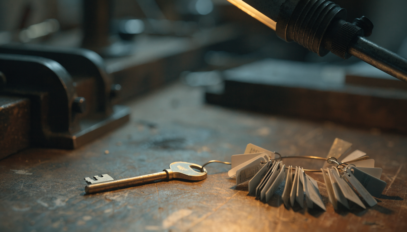 A single brass key beside a ring of many tagged keys on a workbench under lamp light
