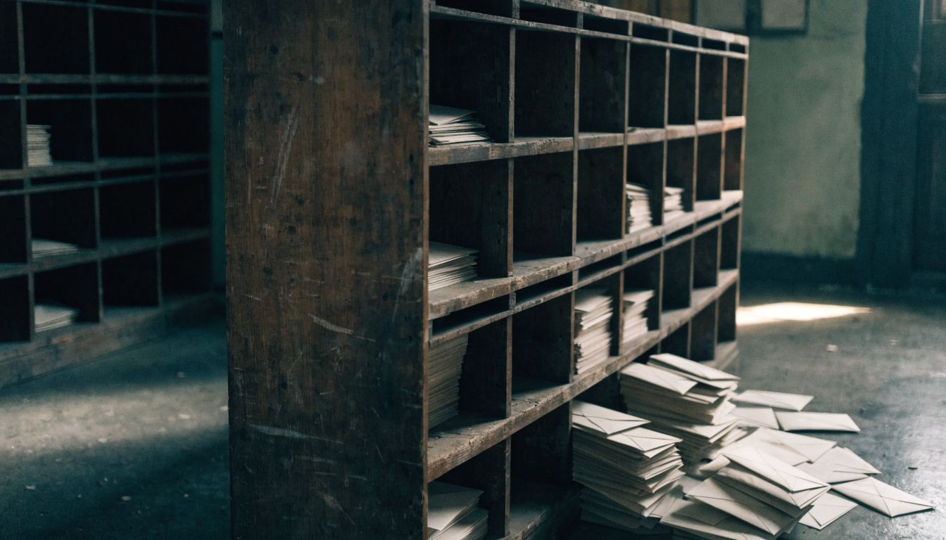 Empty mail sorting slot among filled pigeonholes, symbolizing a broken authentication path in mail flow