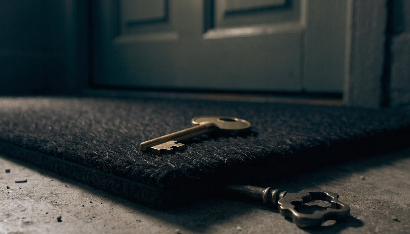 A brass key on a doormat with a hidden second key tucked beneath its edge in shadow
