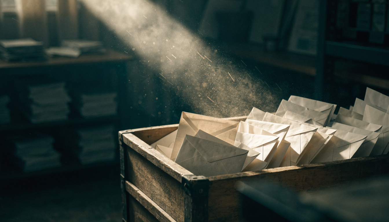 A wooden mail bin crowded with sealed envelopes left untouched in a dusty back room