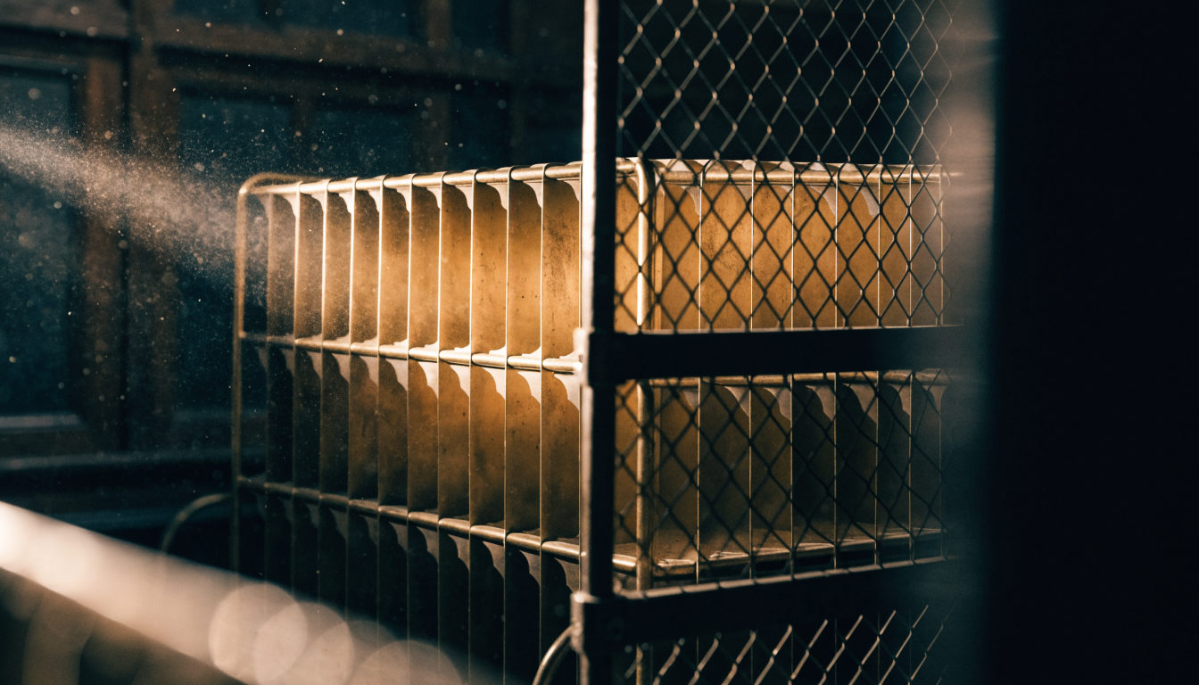 Mail sorting cage with some slots lit and others shadowed, representing mail split between inbox and spam