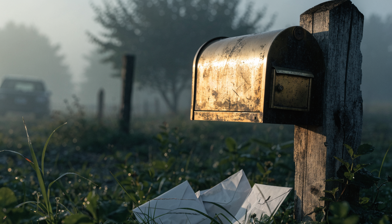 An old mailbox left ajar with letters fallen beneath it, unchecked in the fog