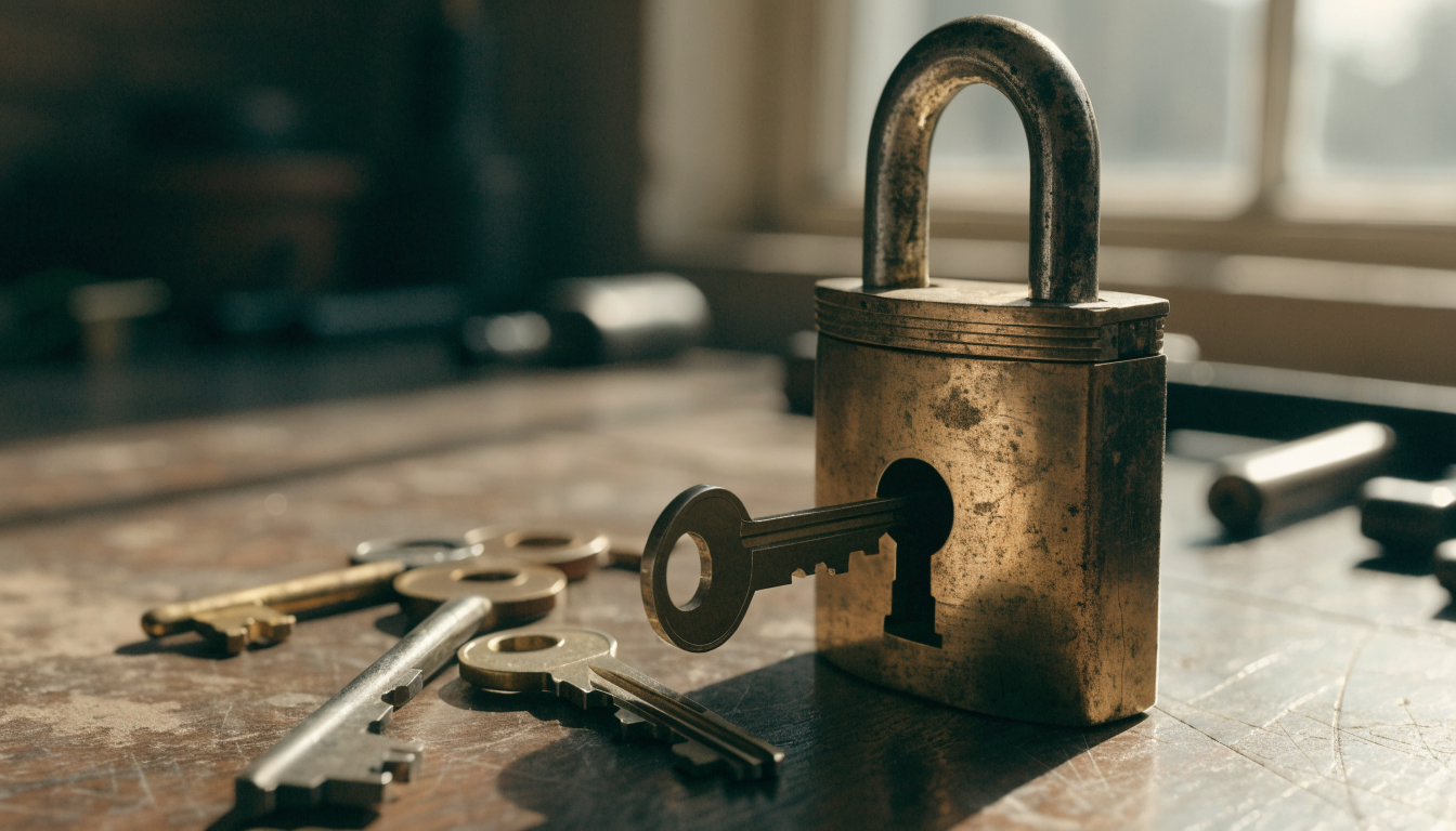A single brass key inserted into a crowded lock with several other keys scattered nearby on a wooden workbench